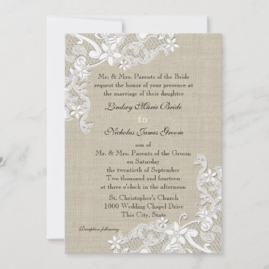 Vintage Burlap- und Lace-Hochzeit Einladung (Vorderseite)