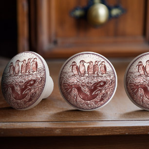 Vintage Burnt Sienna Vögel und Fisch De Morgan Keramikknauf