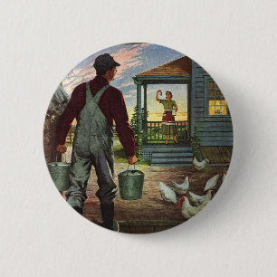 Vintage Business, Bauernhof mit Landwirt und Hühne Button