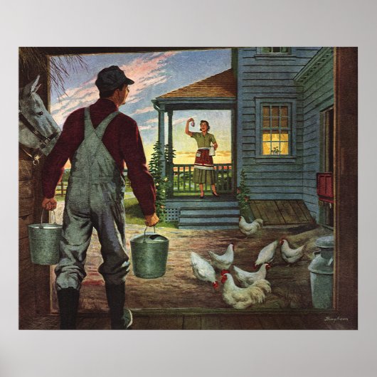 Vintage Business, Farm with Farmer and Chickens Poster (Vorne)