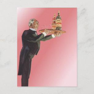 Vintage Butler im Smoking, der Wein auf einem Tabl Postkarte