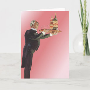 Vintage Butler im Smoking serviert Wein auf einem Karte