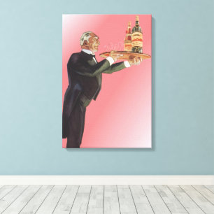Vintage Butler im Smoking serviert Wein auf einem  Leinwanddruck
