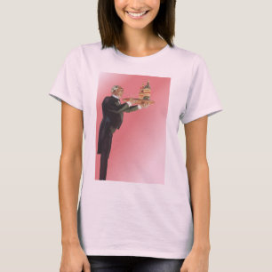 Vintage Butler im Smoking serviert Wein auf einem T-Shirt