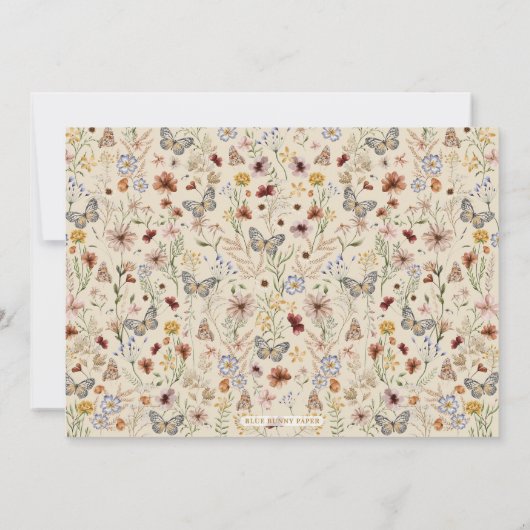 Vintage Butterfliegen Boho Wildblume Babydusche Einladung (Rückseite)