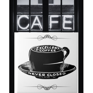 Vintage-Café-Kaffeetasse-Schild schwarz und weiß Fliese