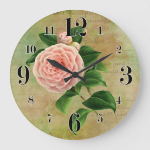 Vintage Camellia Französischer Botanischer Druck Große Wanduhr