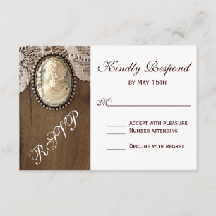 Vintage Cameo Brooch Lace Wood Wedding RSVP Cards Karte
