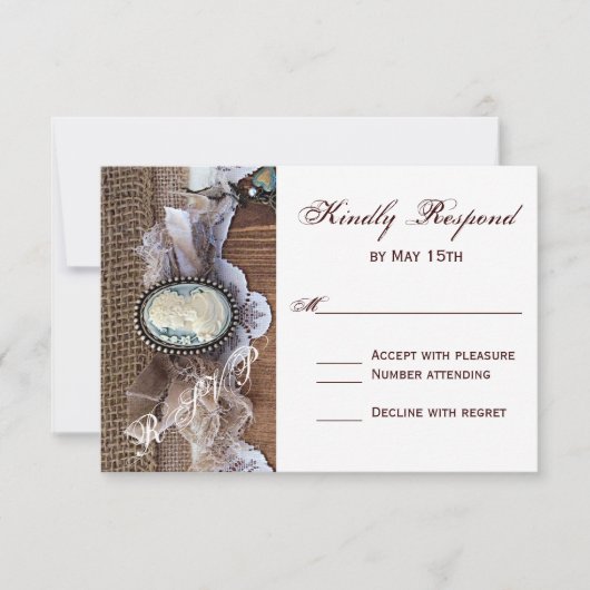 Vintage Cameo Key Burlap Wood Wedding RSVP Karte (Vorderseite)