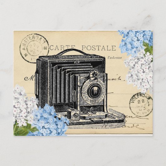 Vintage Camera Blue Blume Postkarte (Vorderseite)