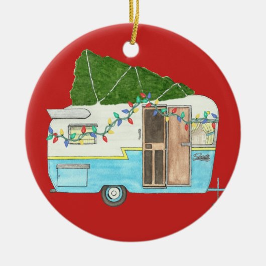 Vintage Camper-Anhänger-Weihnachtsverzierung Keramik Ornament (Vorne)