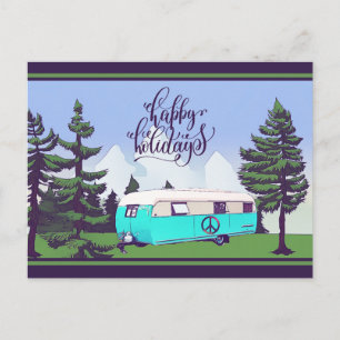 Vintage-Camper mit Kiefern-Festtagspostkarte Postkarte