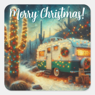 Vintage Camper Saguaro Kaktus Weihnachten Blau Grü Quadratischer Aufkleber