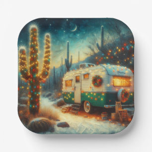 Vintage-Camper-Weihnachten in der Wüste Saguaro-Ka Pappteller