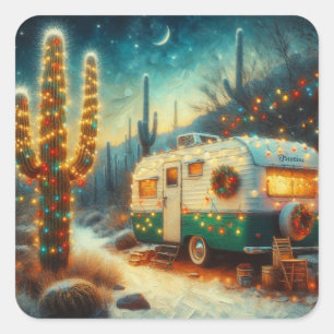 Vintage-Camper-Weihnachten in der Wüsten-Saguaro-K Quadratischer Aufkleber