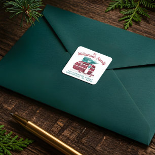 Vintage-Camper-Weihnachtsbaum-Monogramm-Adresse Quadratischer Aufkleber