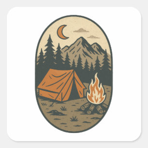 Vintage-Camping-Nachtszene Lagerfeuer Berge Quadratischer Aufkleber