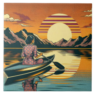 Vintage-Camping-Szene Frau beim Kayakfahren Fliese