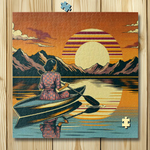 Vintage-Camping-Szene Frau im Kajak Puzzle