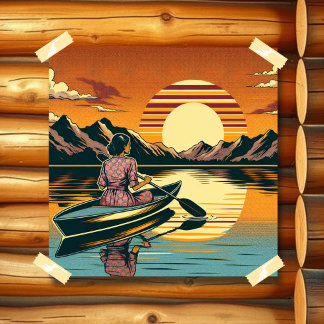 Vintage Camping Szene Frau Kayaking Poster