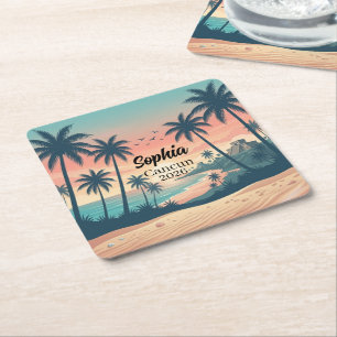 Vintage Cancun 2026 Tropischer Strandsonnenunterga Rechteckiger Pappuntersetzer