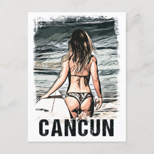 Vintage Cancun Mexiko Surferin am Strand Postkarte