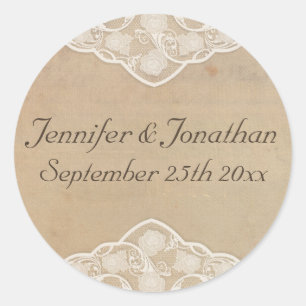 Vintage-Canvas- und Spitzen-Look-Hochzeitsaufklebe Runder Aufkleber