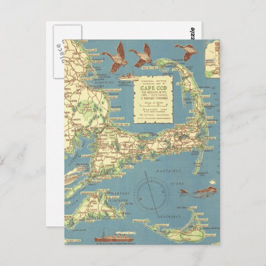 Vintage Cape Cod Map (1940) Postkarte (Vorne/Hinten)