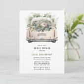 Vintage Car and Peony Florals Brautparty Einladung (Stehend Vorderseite)