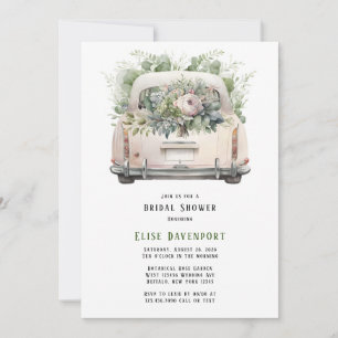 Vintage Car and Peony Florals Brautparty Einladung