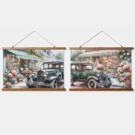 Vintage Car bei der Boutique Floral Street Scene Wandteppich Mit Holzrahmen