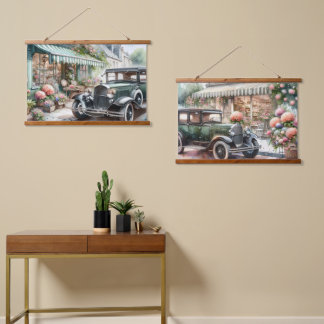 Vintage Car bei der Boutique Floral Street Scene Wandteppich Mit Holzrahmen