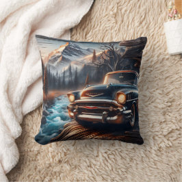 Vintage Car By Mountain Stream bei Sonnenuntergang Kissen