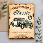 Vintage Car Classic Geburtstagsparty Einladung<br><div class="desc">Die Vintage Geburtstagsfeier lädt Sie mit einem wunderschönen Vintage-Auto und Retro-Typografie vor Pergament-Hintergrund ein. Fügen Sie einfach Ihre Veranstaltungsdetails zu dieser einfach zu bedienenden Vorlage hinzu,  um sie zu einer einmaligen Einladung zu machen. Dreh die Karte um eine rustikale Holzstruktur auf der Kartenrückseite zu zeigen.</div>