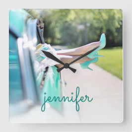 Vintage Car Minze Green High Heels Retro Girl Quadratische Wanduhr