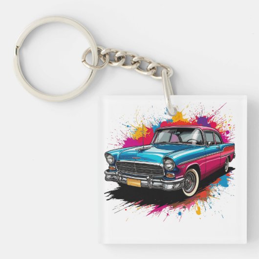 Vintage Car mit farbenprächtigen Paint Splash Schlüsselanhänger (Vorderseite)