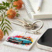 Vintage Car mit farbenprächtigen Paint Splash Schlüsselanhänger (Vorderseite rechts)
