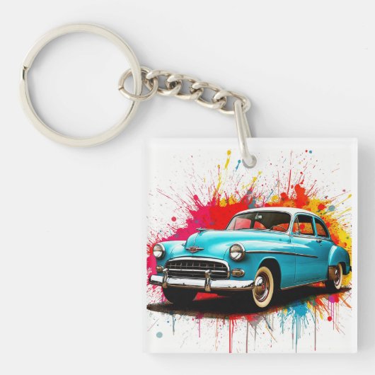 Vintage Car mit farbenprächtigen Paint Splash Schlüsselanhänger (Vorderseite)