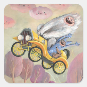 Vintage Car mit Monstern Quadratischer Aufkleber
