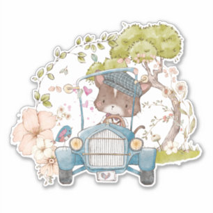 Vintage Car Niedlich Cat Driving Botanical Baby Bo Aufkleber