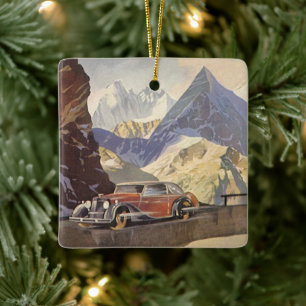 Vintage Car on Mountain Road im Winter mit Schnee Keramikornament