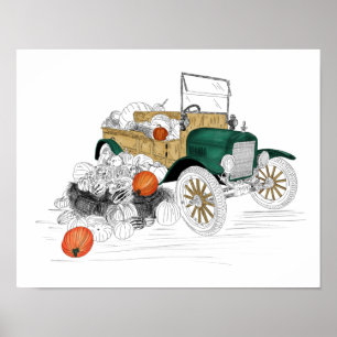 Vintage Car Pumpkin Harvest Poster