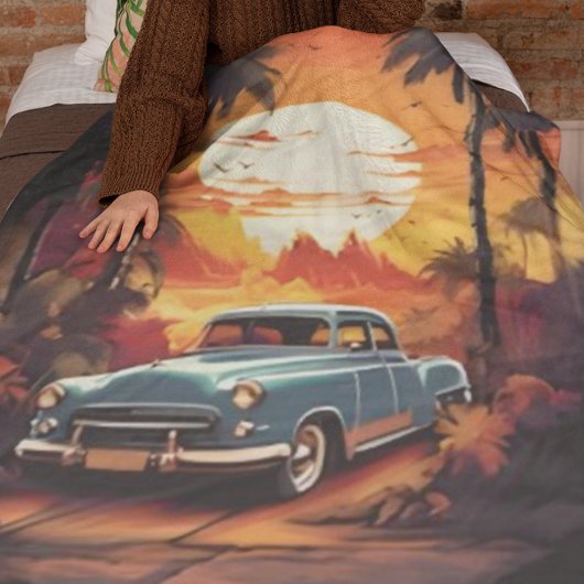 Vintage Car Sunset - Geschenk für Autoverliebhaber Fleecedecke