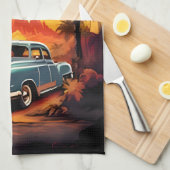 Vintage Car Sunset - Geschenk für Autoverliebhaber Geschirrtuch (Viertel Falte)