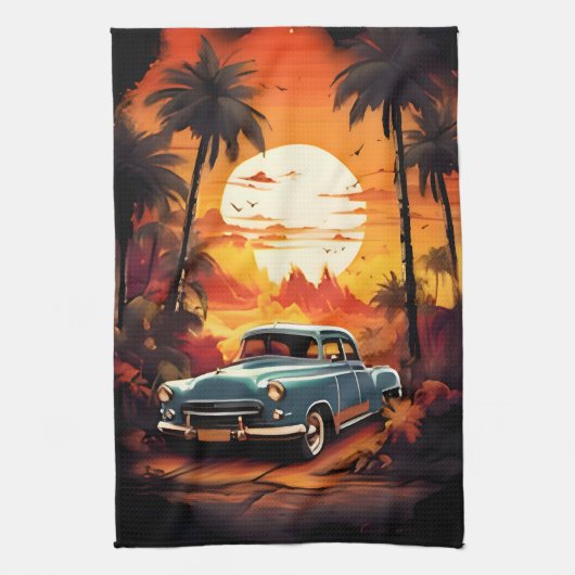 Vintage Car Sunset - Geschenk für Autoverliebhaber Geschirrtuch (Vertikal)