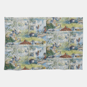 Vintage Carl Larsson Krebsfischen mit der Familie Handtuch