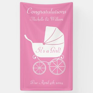 Vintage Carriage Baby Dusche Niedlich Pink Girl Banner