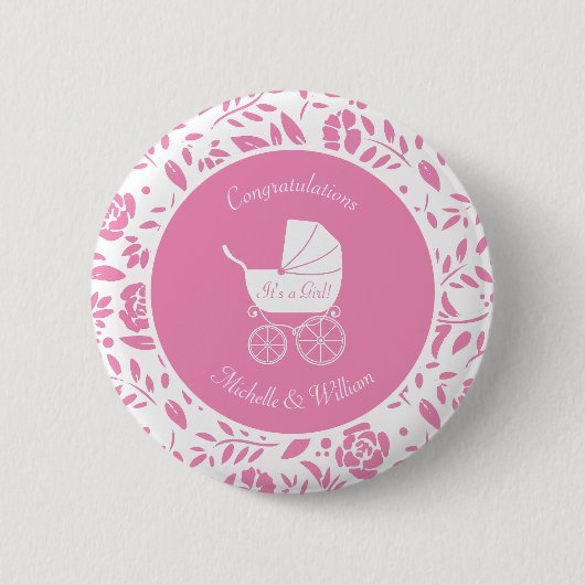 Vintage Carriage Baby Shower Elegante Rosa Girl Button (Vorderseite)