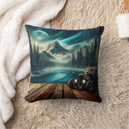 Vintage Cars by Serene Mountain River at Night Kissen