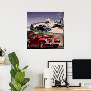Vintage Cars, Classic Sedans Road Trip on Freeway Poster